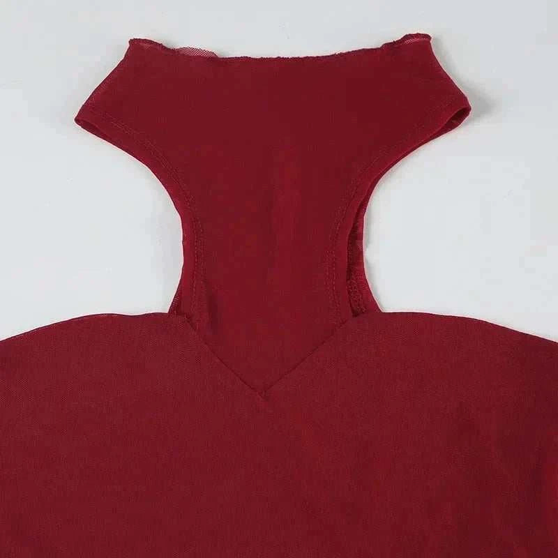 Solid Red Mesh Corset Bodysuit