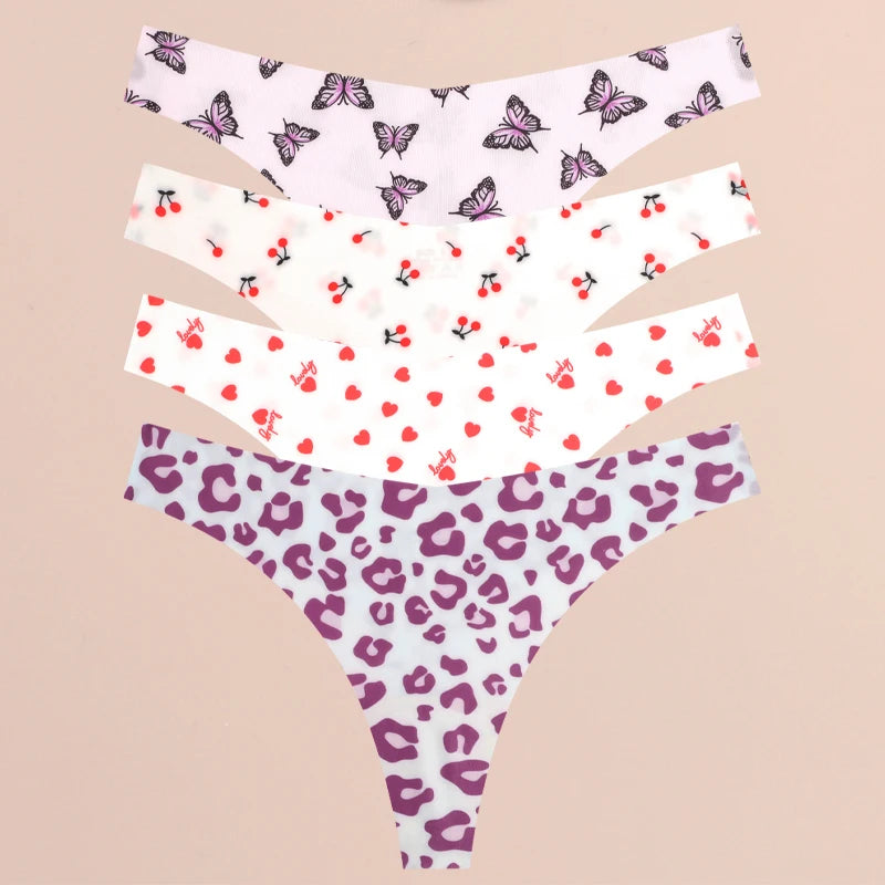 FINETOO Ultra Soft Seamless Graphic Print Thong Set – 4-Pack Stretch Leopard G-Strings for Women