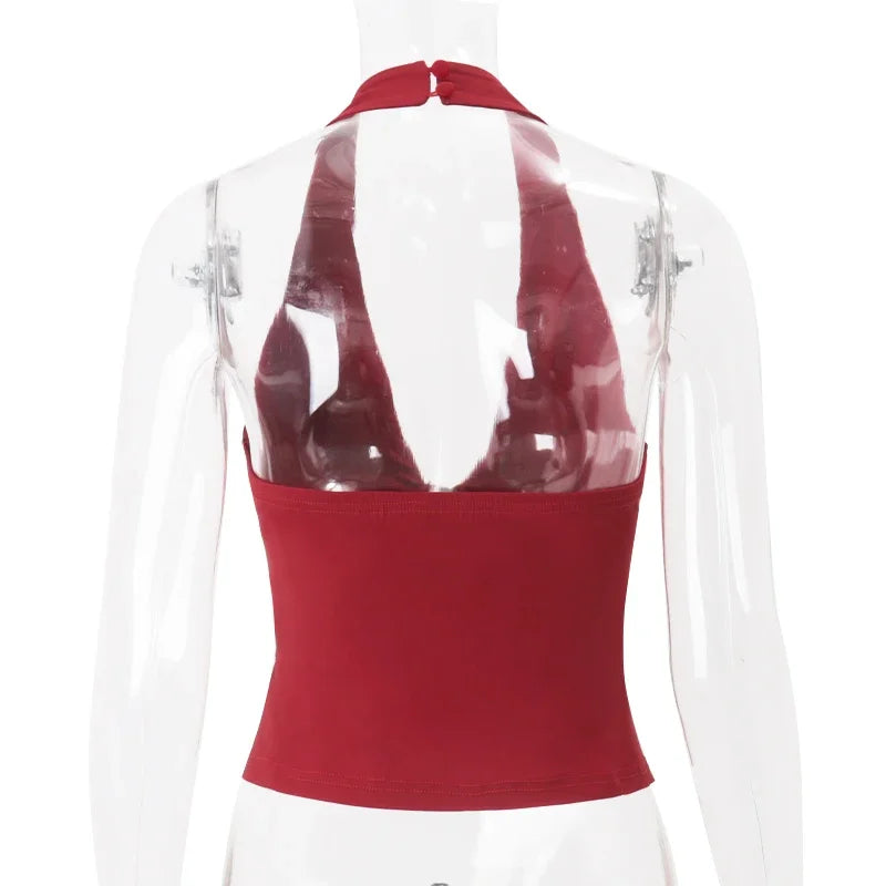 Fashion Cross Tie Zipper Slim Women's Vest Sexy Off Shoulder Backless Sleeveless Halter Top Casual Summer Street Camis