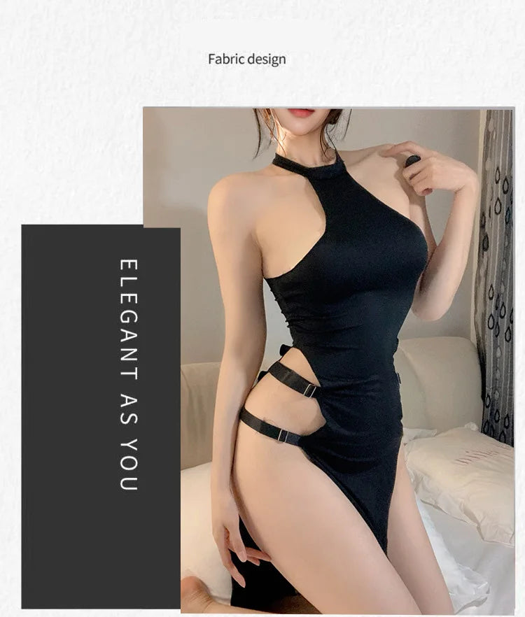 Sexy lingerie Solid color pullover sleeveless hollow slit European and American tight fitting dress Short dresses Woman costume