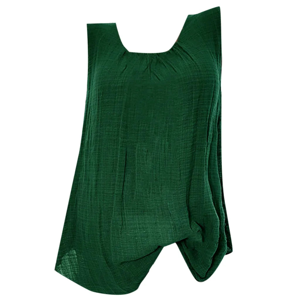 Plus Size Cotton Linen Sleeveless Baggy Tank Top – Casual U-Neck Summer Vest Blouse for Women