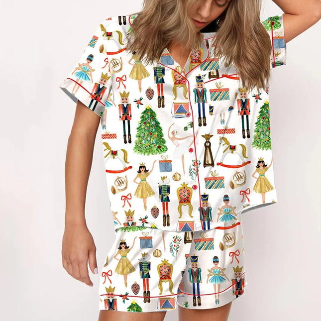 Women’s White 2-Piece Christmas Short-Sleeve Pajama Set – Festive Shirt & Shorts