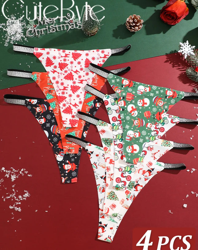 New 4Pcs Christmas Print Underwear Breathable Shiny Belt Thong Women Skin-friendly Fashionable Casual Christmas Gifts