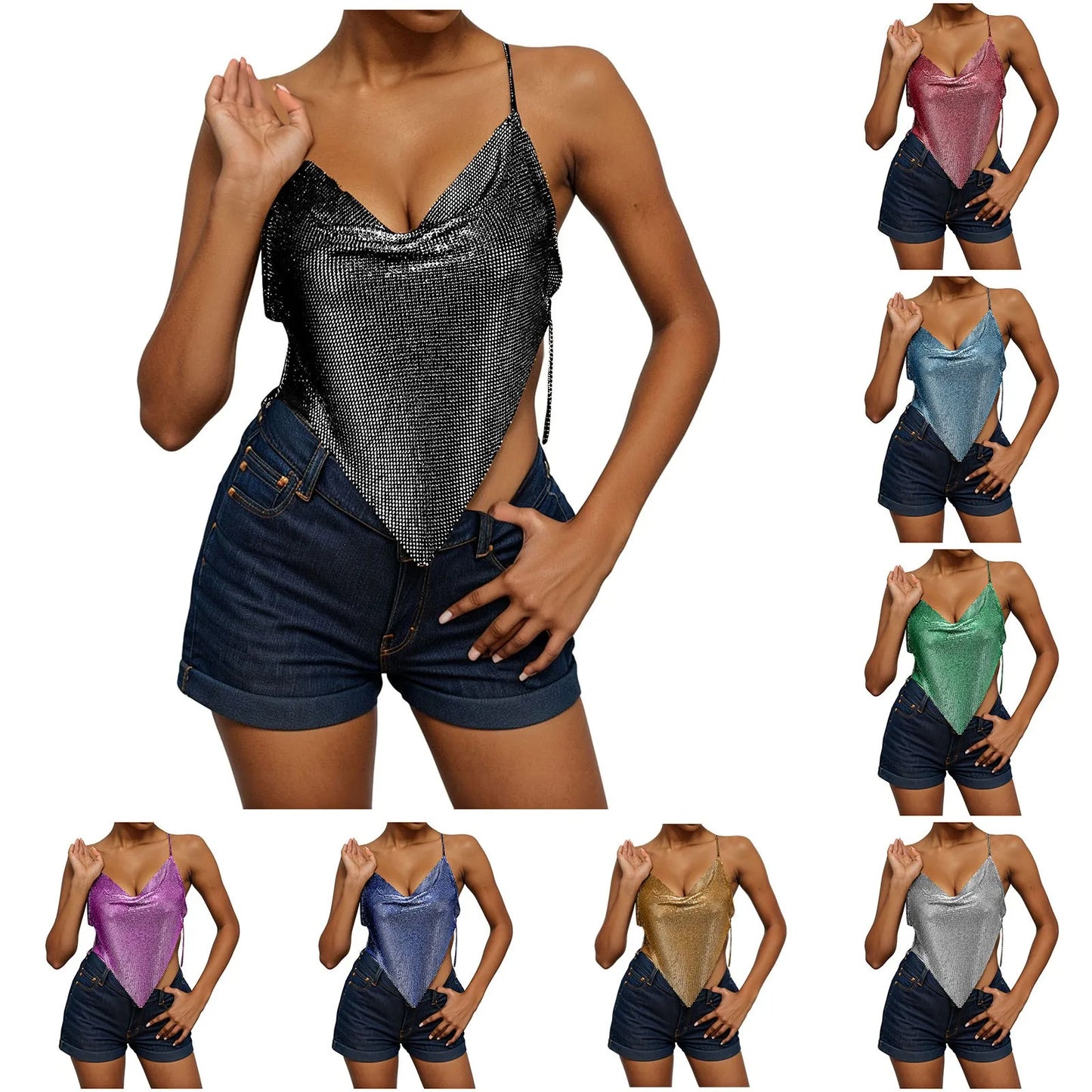 Women's Fashion Sequin Camisole Carnival Swing Neck Single Breasted Sexy Cropped Tops Hot Girls Hip Hop Backless Tank Tops