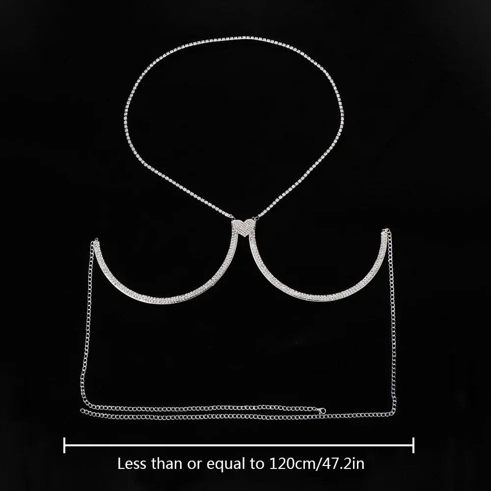 Stonefans Sexy Heart Chest Bracket Bra Chain Body Jewelry for Women Shiny Rhinestone Breast Support Bra Necklace Harness Bikini