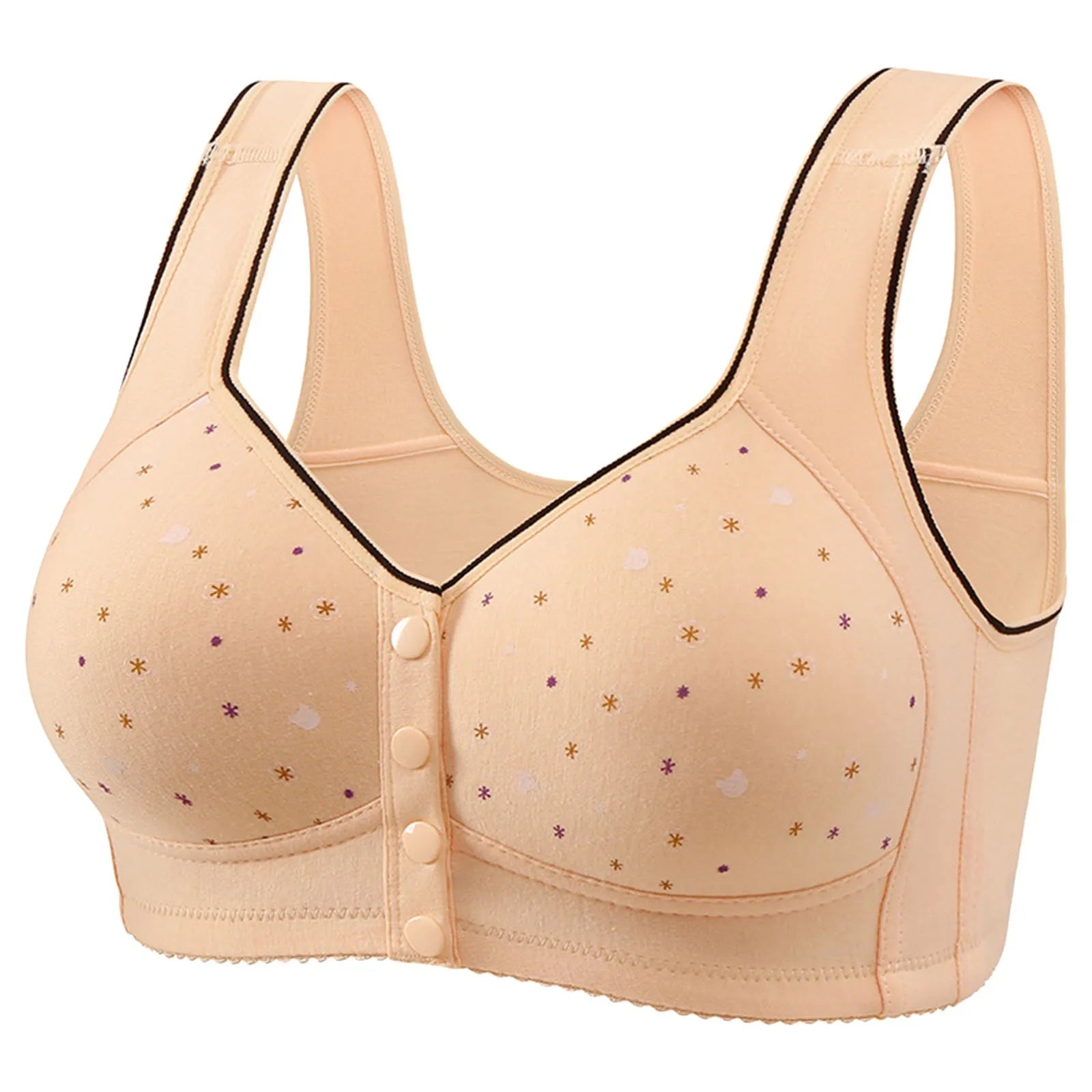 Front Button Retro Printed Bra Without Steel Ring Wide Shoulder Strap Middle-Aged Elderly Underwear Plus Size Women'S Vest Bras