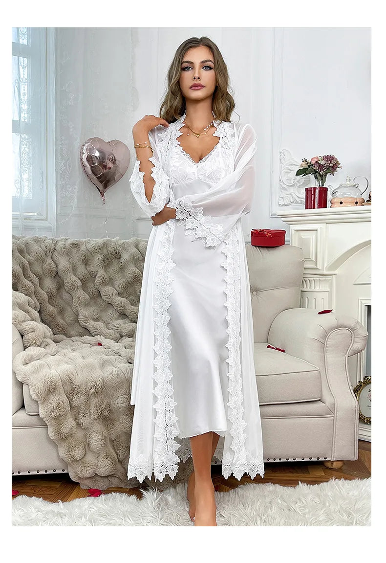 Sexy Sheer Mesh Robe Bride Wedding Robe Suit 2Pcs Lace Patchwork Night Dress Long Chemise Sleepwear Satin Lingerie Pajamas