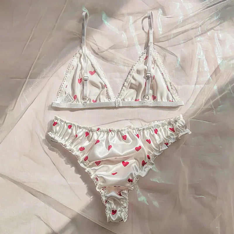 Satin Heart-Print Wireless Bra & Brief Set – Cute Summer Lingerie
