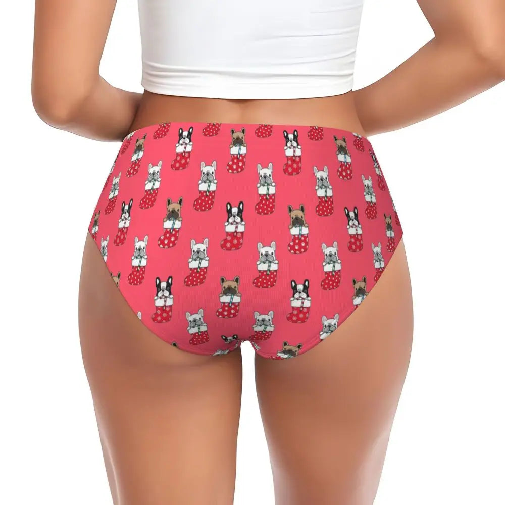 Custom Womens French Bulldog Christmas Santa Claus Brief Panties Female Stretch Underwear Underpants