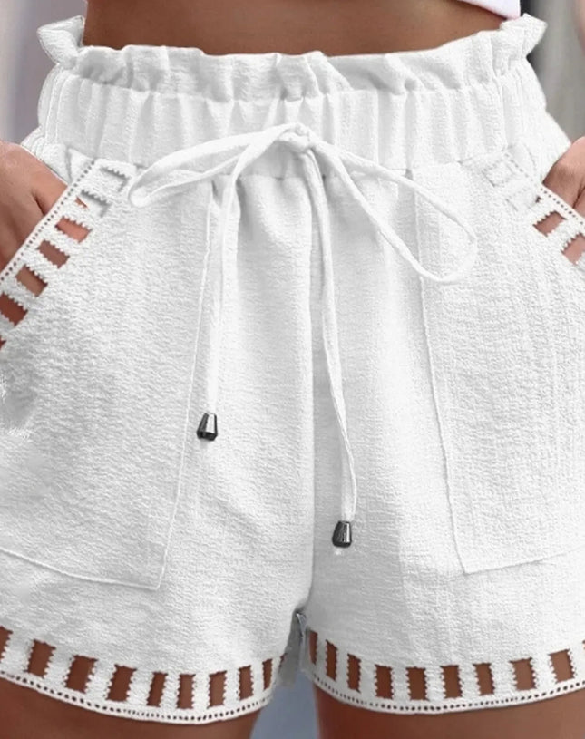 Cotton Linen Shorts Women'S Pants Solid Color Thin Hollow Out Design Trim Pocket Tight Waist Shorts Beachwear White Clothes