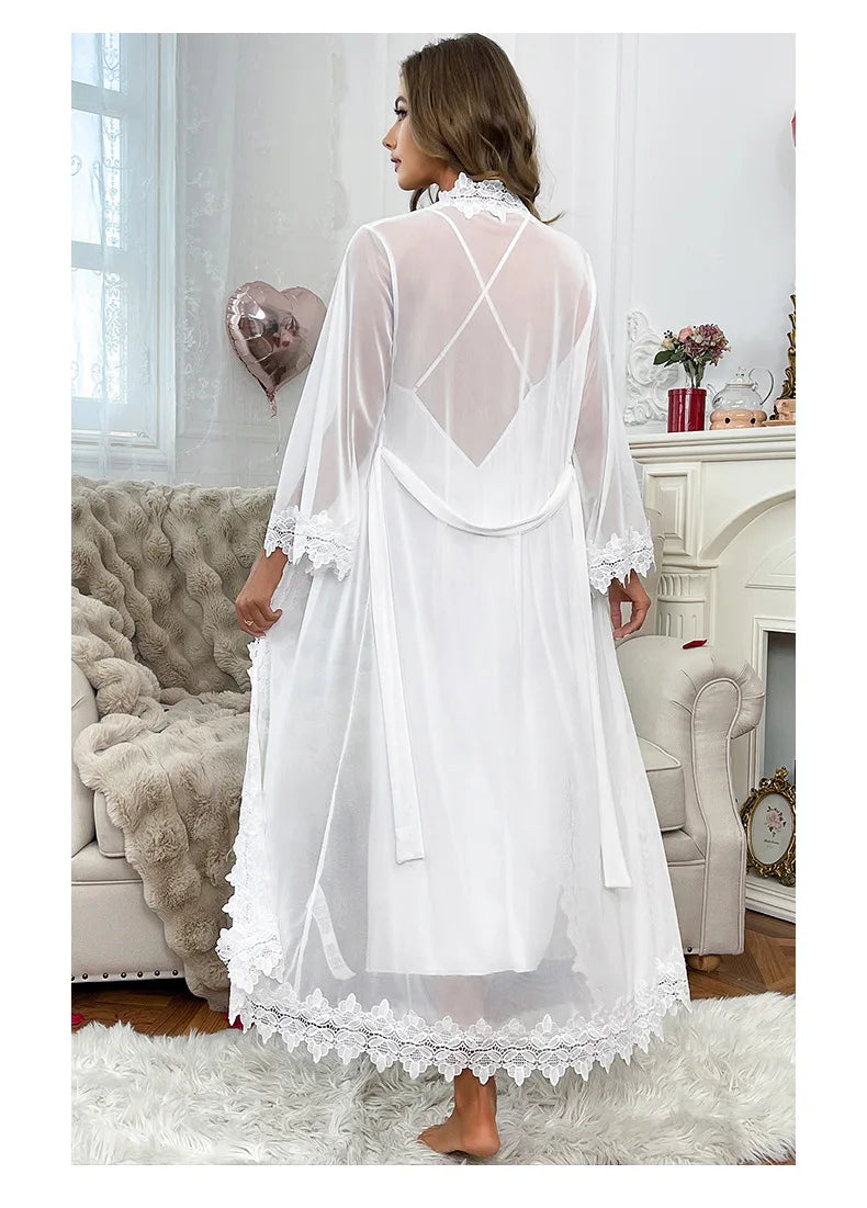 Sexy Sheer Mesh Robe Bride Wedding Robe Suit 2Pcs Lace Patchwork Night Dress Long Chemise Sleepwear Satin Lingerie Pajamas