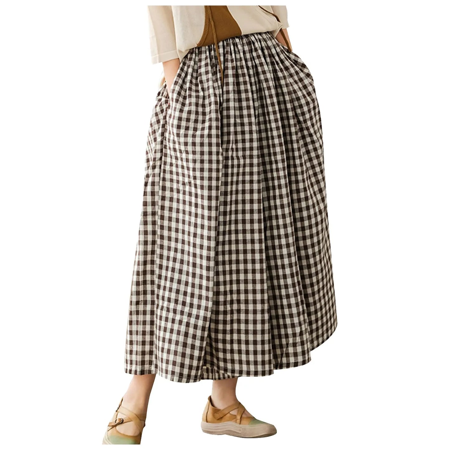 2024 Summer New Culotte Pants High Waist Pleated Slanted Pocket A-Shaped Wide Leg Covering Span Checkered Printing Trousers