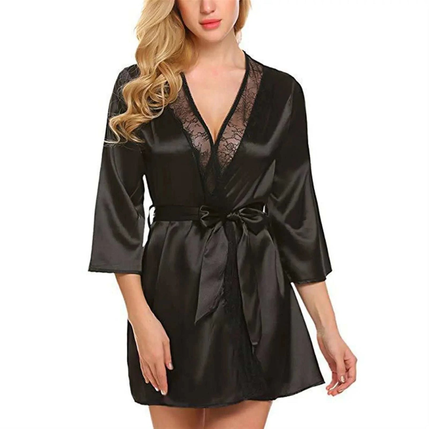 Women's Sexy Satin Solid Color Robe Lace Trim Kimono Nightgown Deep V Neck Lingerie Pajamas Bathrobe Sexy Sleepwear of Women ﻿