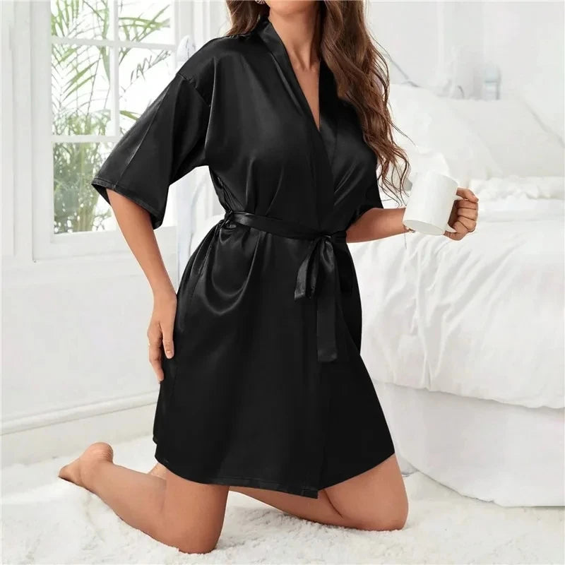 Women Silk Satin Short Night Robe Solid Kimono Robe Fashion Bath Robe Sexy Bathrobe Peignoir Femme Wedding Bride Bridesmaid Robe