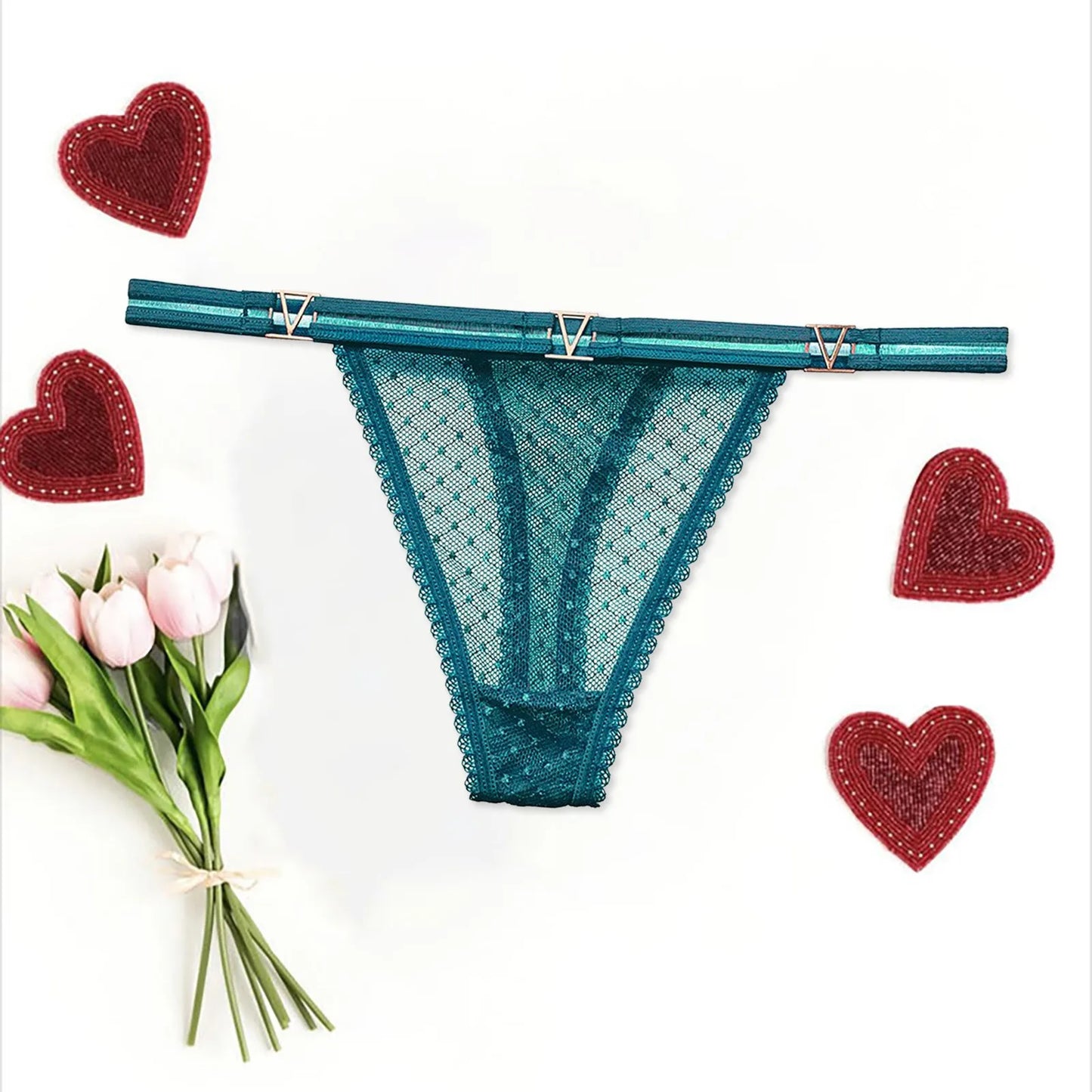 Seamless Hipster Mesh Thong – Low Waist Multi-Color G-String with Lace & Metal Buckles for Women