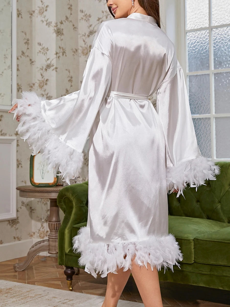 Women Sexy White Feather Long Sheer Satin Robe See Through Bridal Nightgown Lingerie Nightdress Bathrobe Cover Up Loungewear