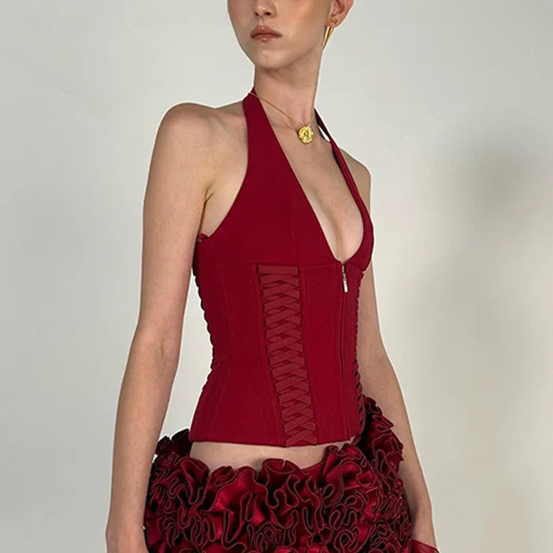 Fashion Cross Tie Zipper Slim Women's Vest Sexy Off Shoulder Backless Sleeveless Halter Top Casual Summer Street Camis