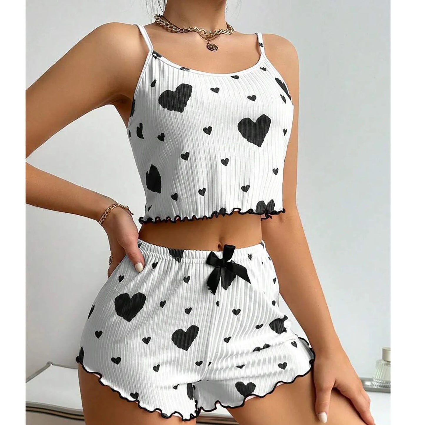Heart Print Women's Pajamas Set Sleepwear 2 PCS Short Tank Tops and Shorts Sets Ventilate Soft Casual Love Sleeveless Home Suit