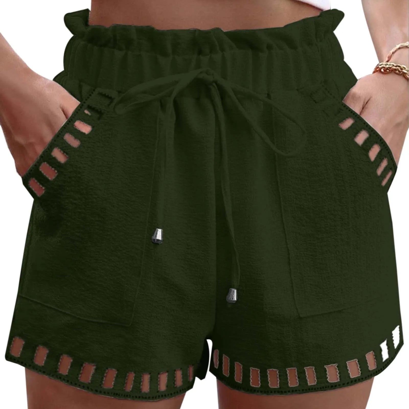 Cotton Linen Shorts Women'S Pants Solid Color Thin Hollow Out Design Trim Pocket Tight Waist Shorts Beachwear White Clothes