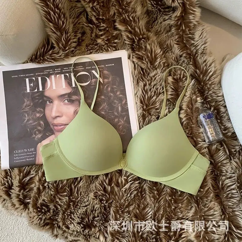 Women's Seamless Vest, Comfortable Gathering Side Folding Bra  Front-buttoned Underwear