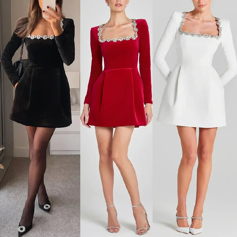 Elegant Short Velvet Dress with Diamond Embellishment Square Collar Independent Station Cross-border Spring Women's Fashion