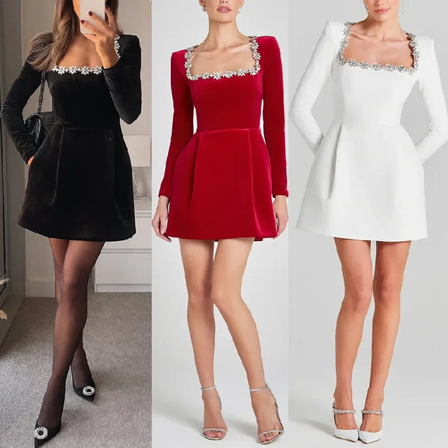 Elegant Short Velvet Dress with Diamond Embellishment Square Collar Independent Station Cross-border Spring Women's Fashion