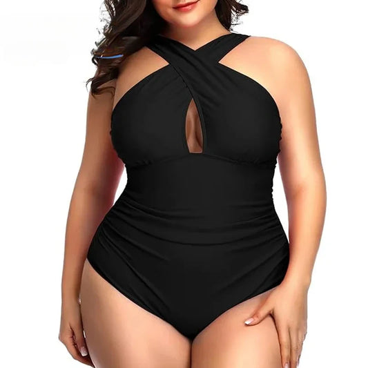 2024 Summer Women Plus Size One Piece Swimsuits Front Cross Tummy Control Black Sexy Swimwear Backless Bathing Suit