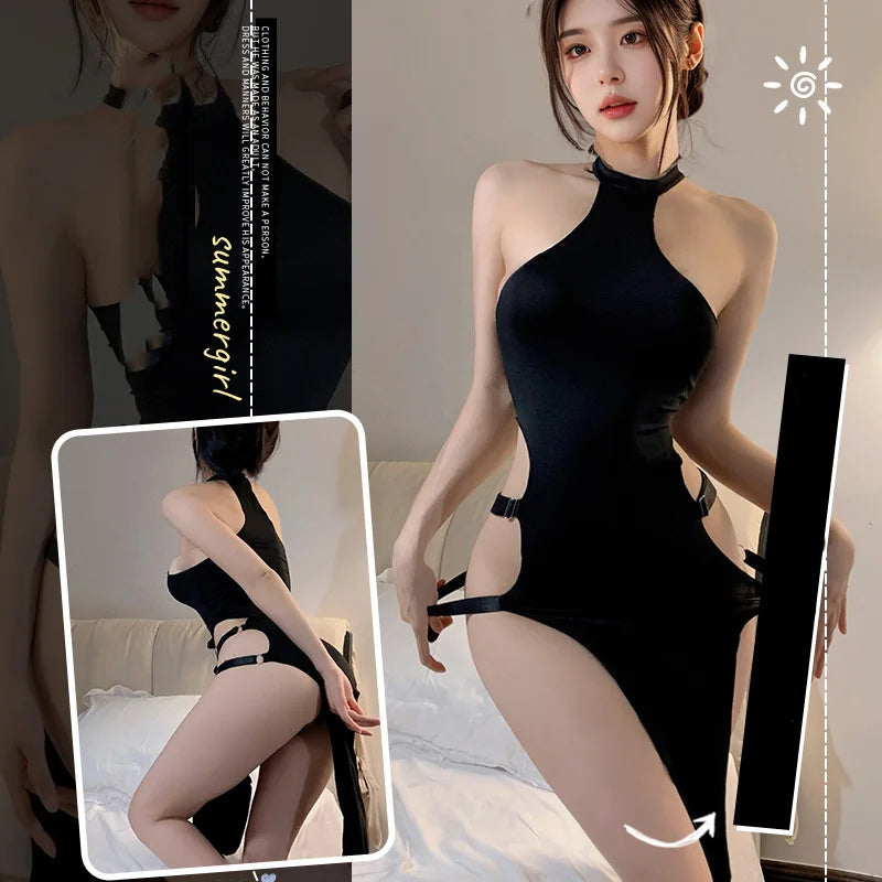 Sexy lingerie Solid color pullover sleeveless hollow slit European and American tight fitting dress Short dresses Woman costume
