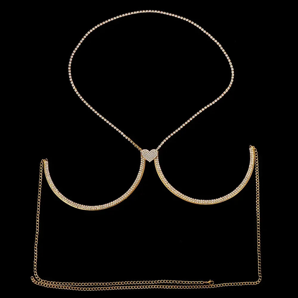 Stonefans Sexy Heart Chest Bracket Bra Chain Body Jewelry for Women Shiny Rhinestone Breast Support Bra Necklace Harness Bikini
