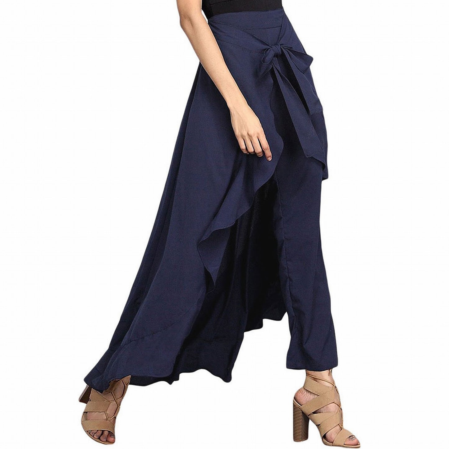 Women'S High Waist Chiffon Pants Wide Leg Pants Ruffle Trim Ice Silk Ankle-Length Long Trousers Summer Breeches Pantalones 바지