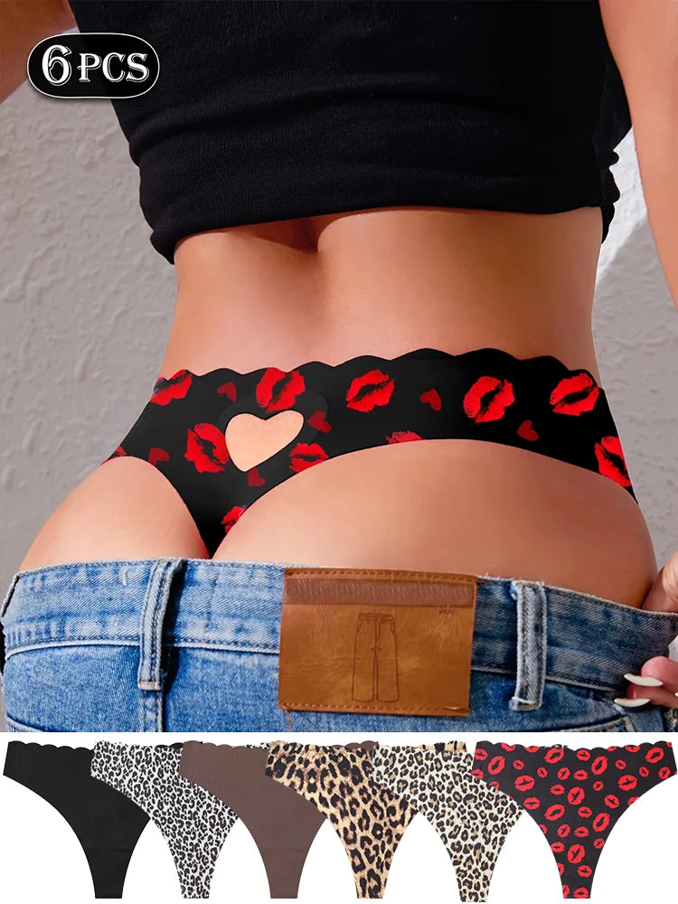 6PCS Seamless Hollow Heart Thong Set – Soft Breathable Hip-Covering Panties for Women