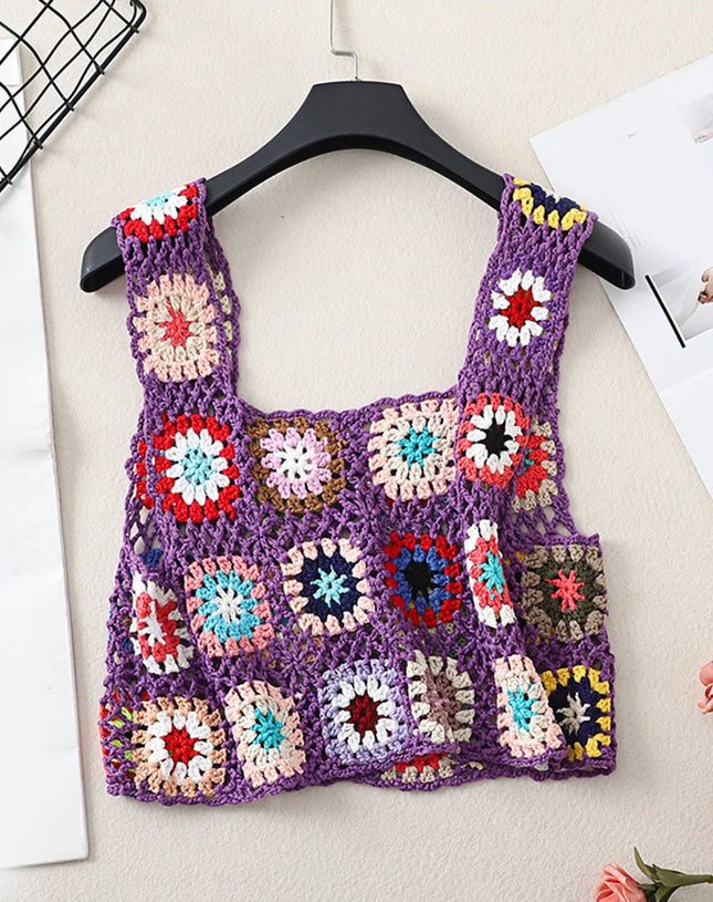 Womens Crochet Tank Top With Tassels Cover Ups Knit Colorful Floral Embroidery Summer Backless Camisole Fashion Casual Bohemian
