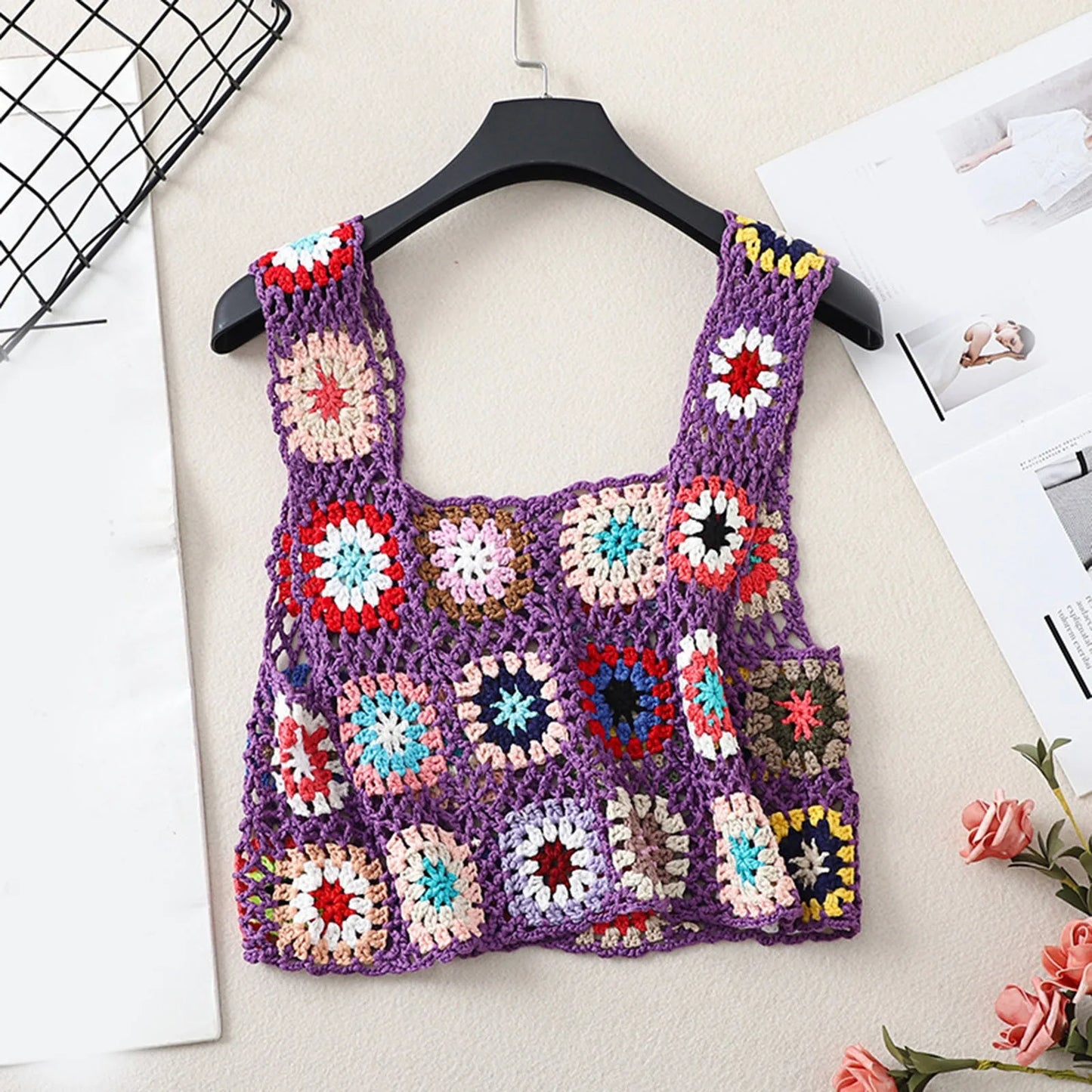 Womens Crochet Tank Top With Tassels Cover Ups Knit Colorful Floral Embroidery Summer Backless Camisole Fashion Casual Bohemian