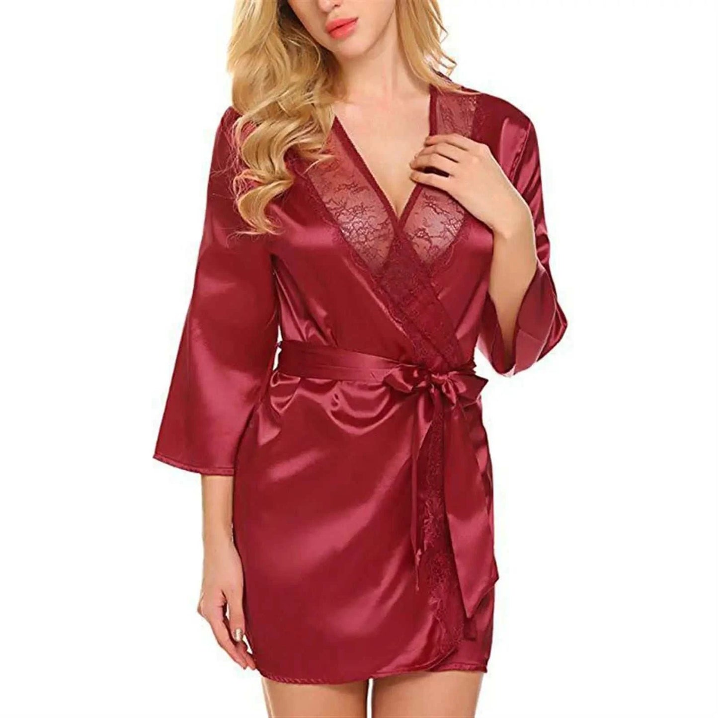 Women's Sexy Satin Solid Color Robe Lace Trim Kimono Nightgown Deep V Neck Lingerie Pajamas Bathrobe Sexy Sleepwear of Women ﻿