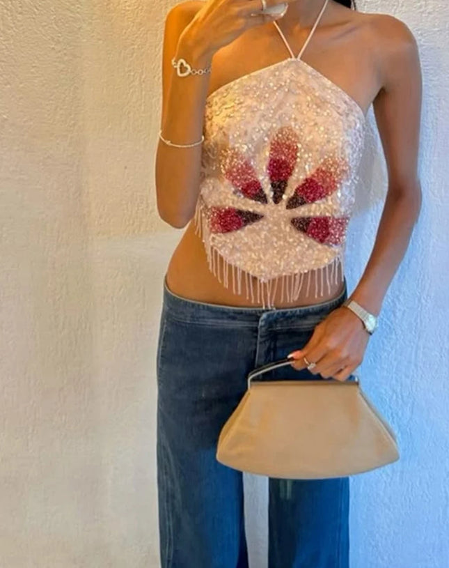 Elegant Lace Off-Shoulder Blouse Ruffle Sleeveless Shirt with Embroidered Floral Detail and Tie-Up Back for Summer Beach Party