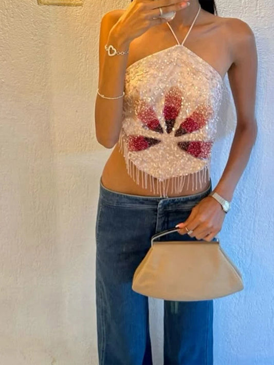 Elegant Lace Off-Shoulder Blouse Ruffle Sleeveless Shirt with Embroidered Floral Detail and Tie-Up Back for Summer Beach Party