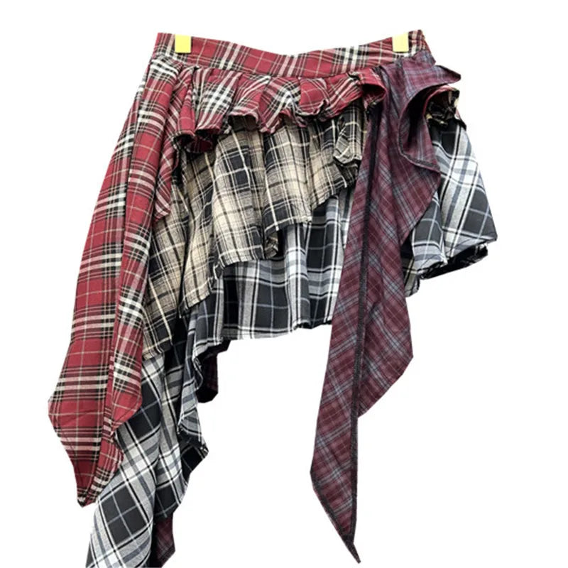 Y2K Women's Skirt Irregular Plaid Patchwork Large Size Summer Spice Girl Design A-line Skirt Trendy Pleated Streetwear Harajuku
