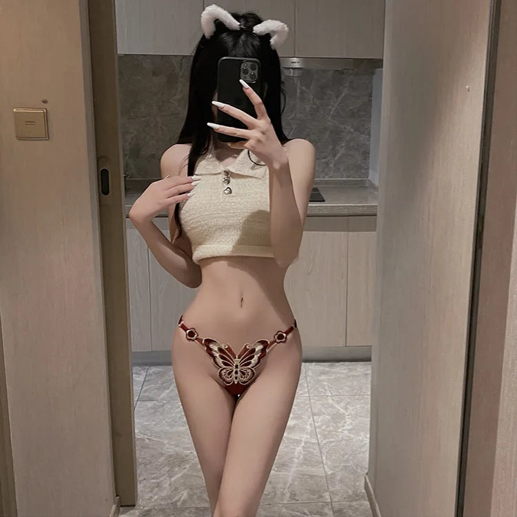 Cute Butterfly Embroidery Women Thongs And G strings Sexy Transparent Mesh Briefs Adjustable Waist Panties Culotte Femme