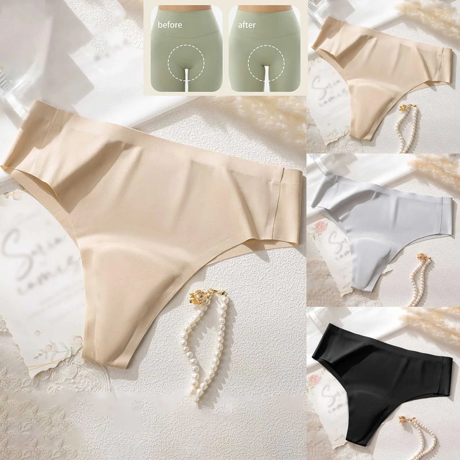 Comfortable Mid Waist Seamless Thong Panties – Solid Color Stretch Basics Underwear for Women