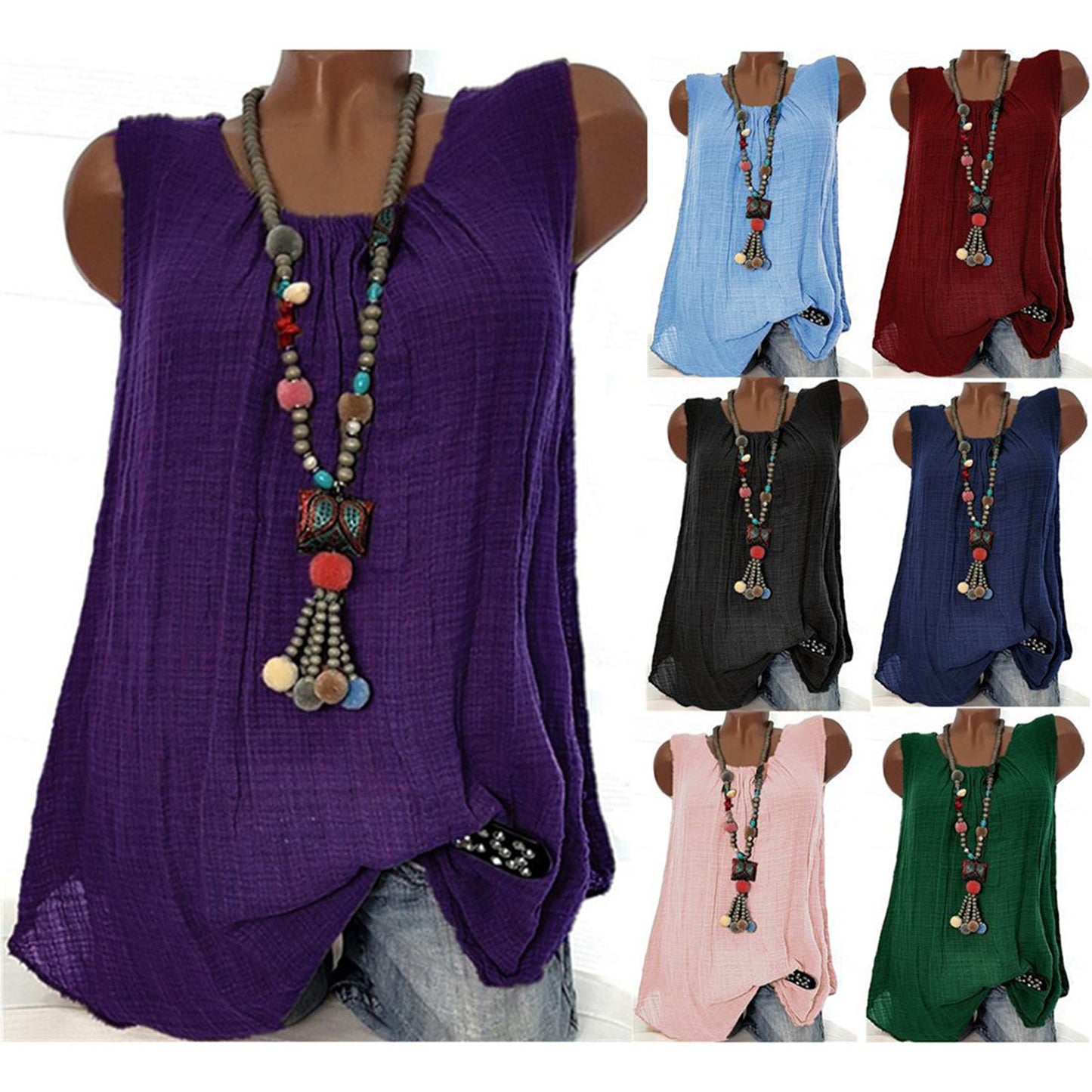 Plus Size Cotton Linen Sleeveless Baggy Tank Top – Casual U-Neck Summer Vest Blouse for Women
