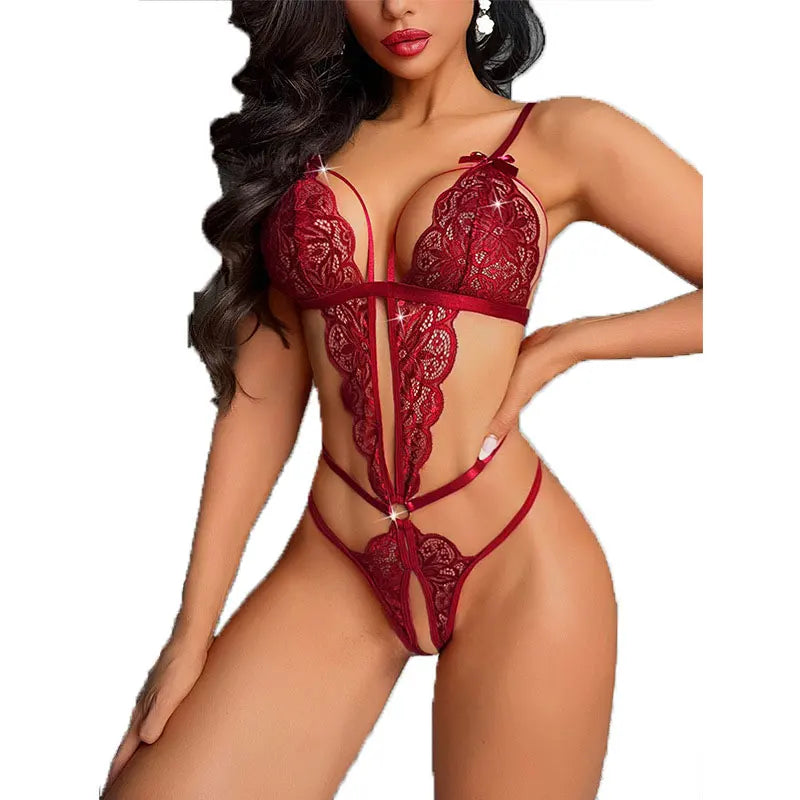 Deep-V Lace Sheer Crotchless Bodysuit & Hollow-Out Babydoll Chemise Set with Matching Tights