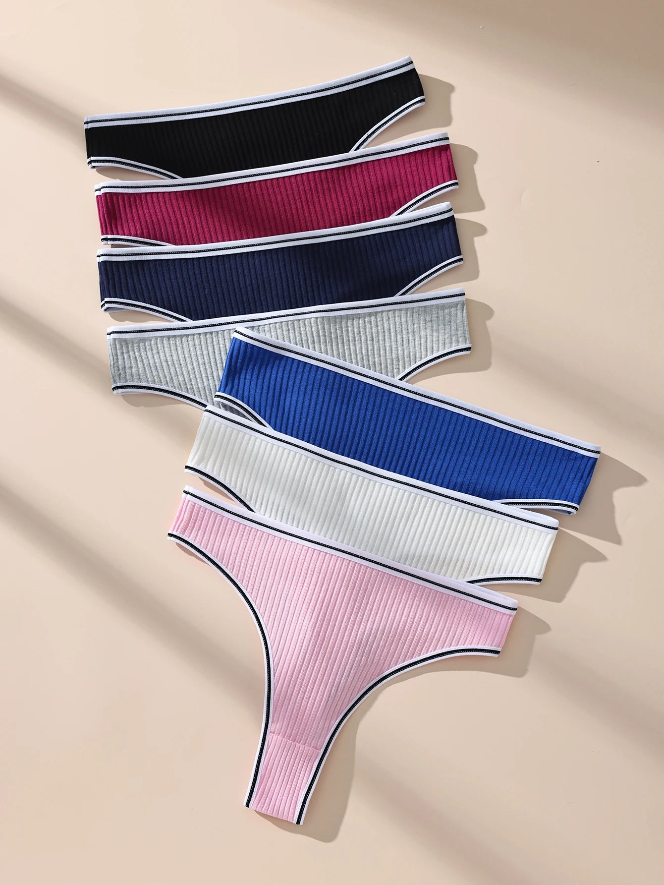 Hotcom 7Pcs Ribbed Cotton Bikini Thongs for Women Letter Print Seamless Comfortable Breathable Underwear Panties