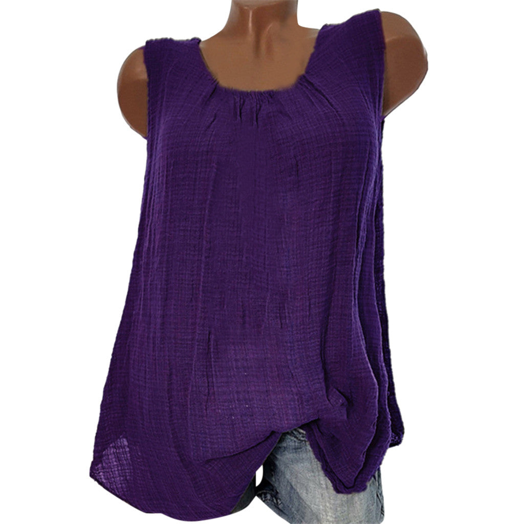 Plus Size Cotton Linen Sleeveless Baggy Tank Top – Casual U-Neck Summer Vest Blouse for Women