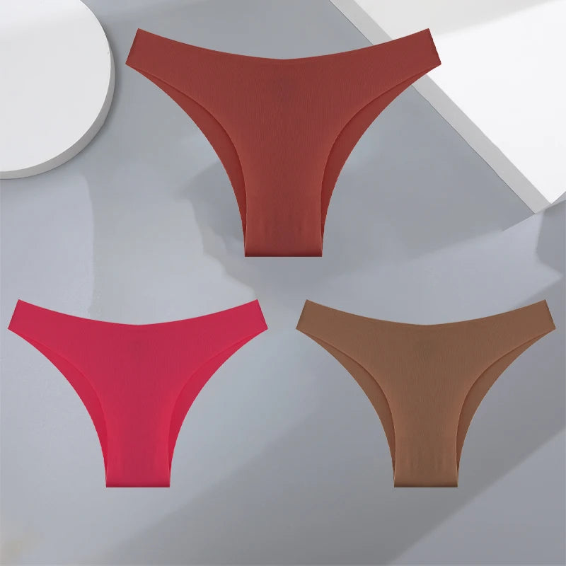 FINETOO 3Pcs Ultra-thin Seamless Silk Underwear Women's Panties Sexy Low-Waist Stretch Bikini Solid Color Briefs Lingerie XS-XXL