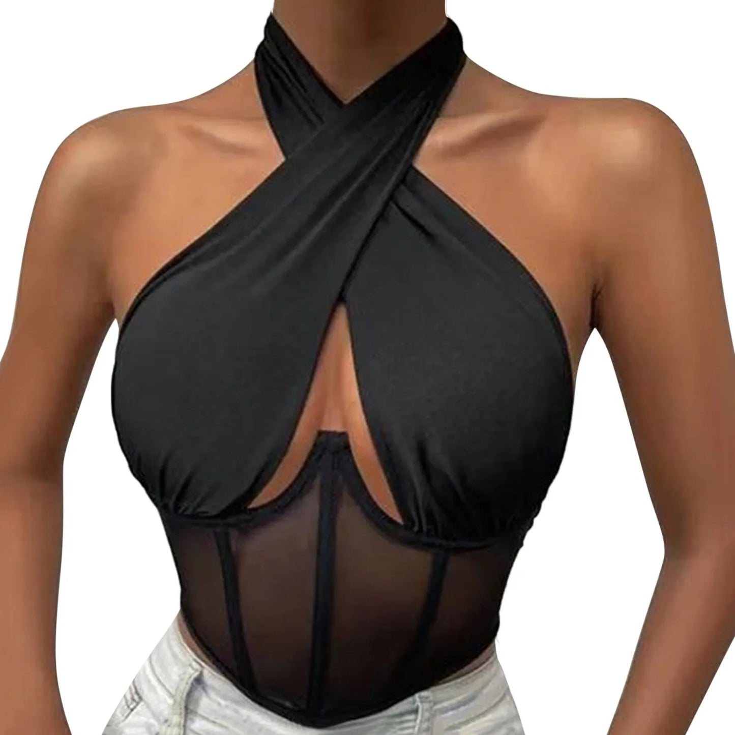 Sexy Cotton Stretch Tops For Women Cross Halter Sleeveless Blouses Fashion Sleeveless Hollow Out Top Irregular Neckline Tank Top