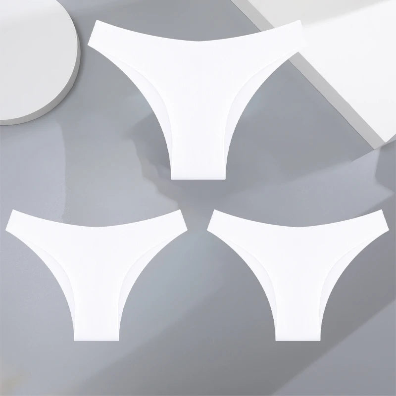 FINETOO 3Pcs Ultra-thin Seamless Silk Underwear Women's Panties Sexy Low-Waist Stretch Bikini Solid Color Briefs Lingerie XS-XXL