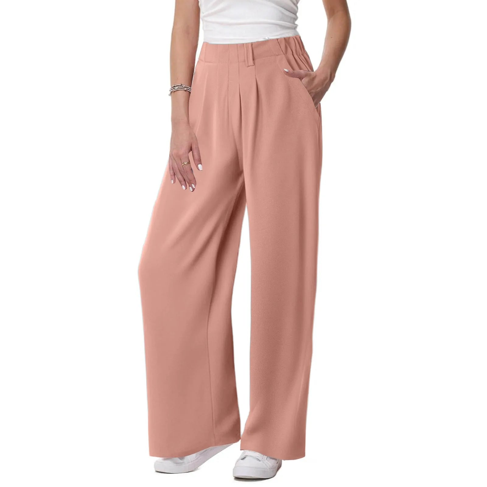 Womens Solid Color Straight Tube Loose Stretch Yoga Pants with Pockets Streetwear Waffle Palazzo Pants Women Joggers Baggy Pants