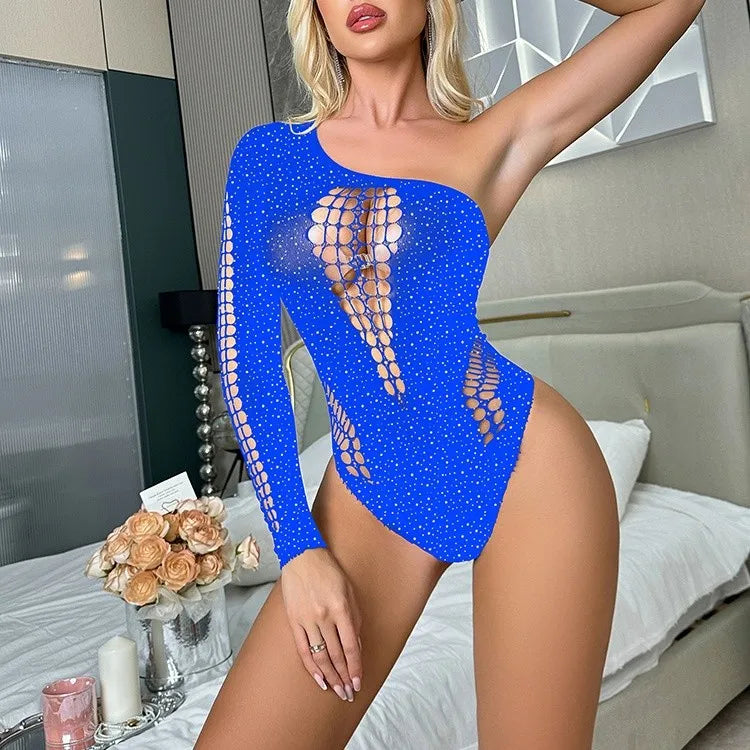 Women's Sexy Mesh Clothes Erotic Lingerie Hot Drilling Long Sleeved Corset Package Hip Erotic Women's Sexy Lace Underwear Set