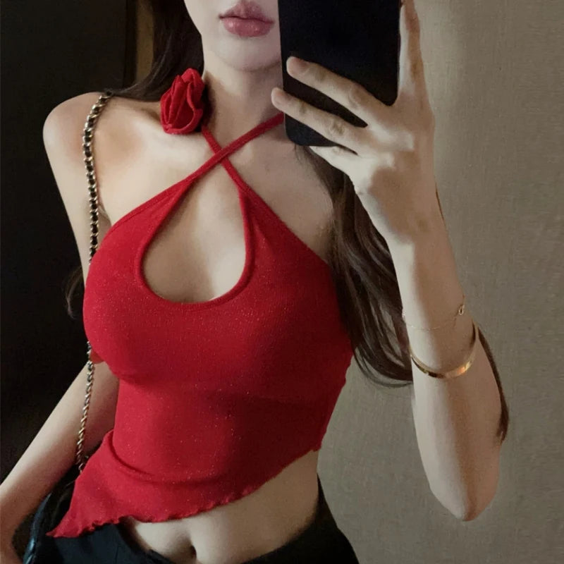 Korean Version of Red Halterneck Irregular Three-dimensional Flower Decoration Slim Sexy Fashion Camisole Top