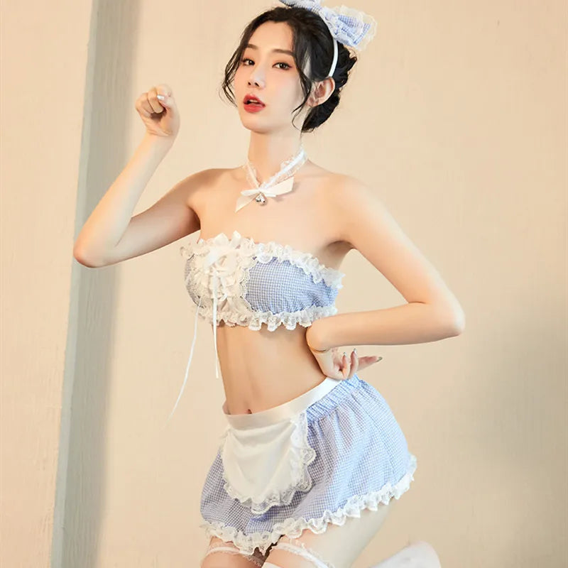 Hot Cute Anime Cow Cosplay Exotic Costume Japanese Style Bikini Lingerie Set for Role Play Night Sleepwear Clubwear Maid Uniform